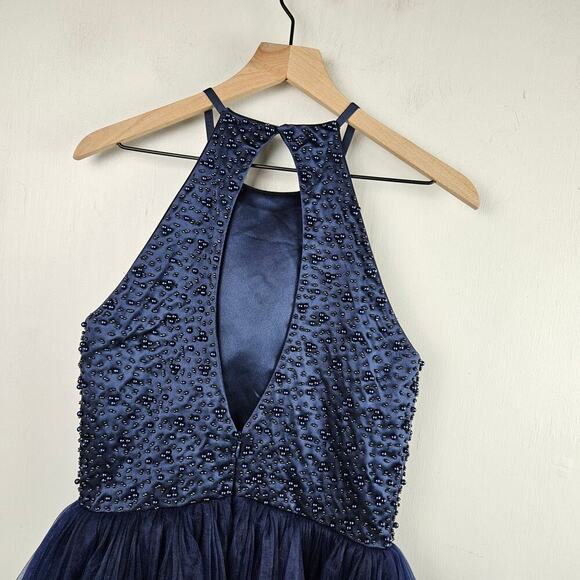 Navy Blue Halter Sleeveless Satin Beaded & Tulle Mini Dress M? Keyhole Back - Picture 6 of 9